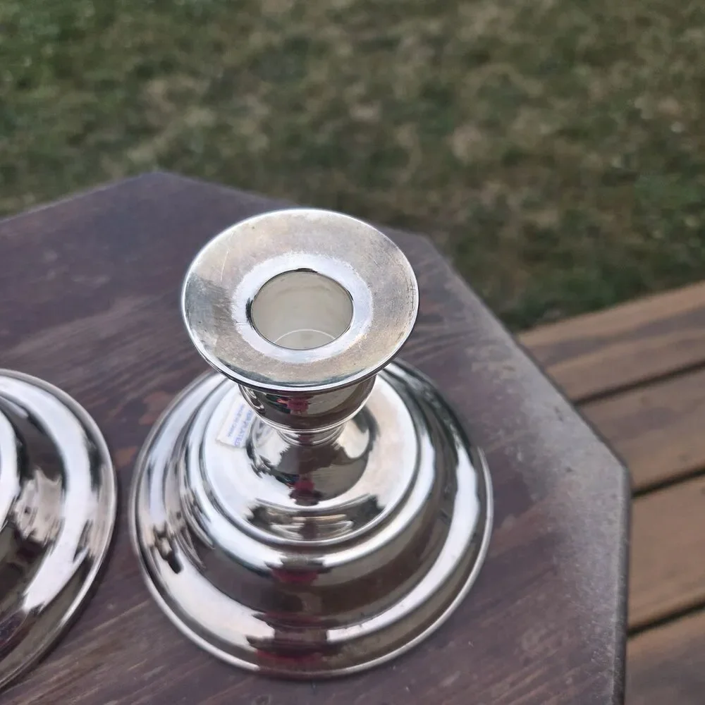 VTG Silver Plated Candlestick Holders Pair Round Base 4.5 Inch Taper